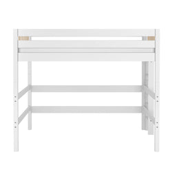 White wooden twin loft bed frame with guardrails and ladder, open under-bed space for desk or storage — space-saving kids bedroom furniture
