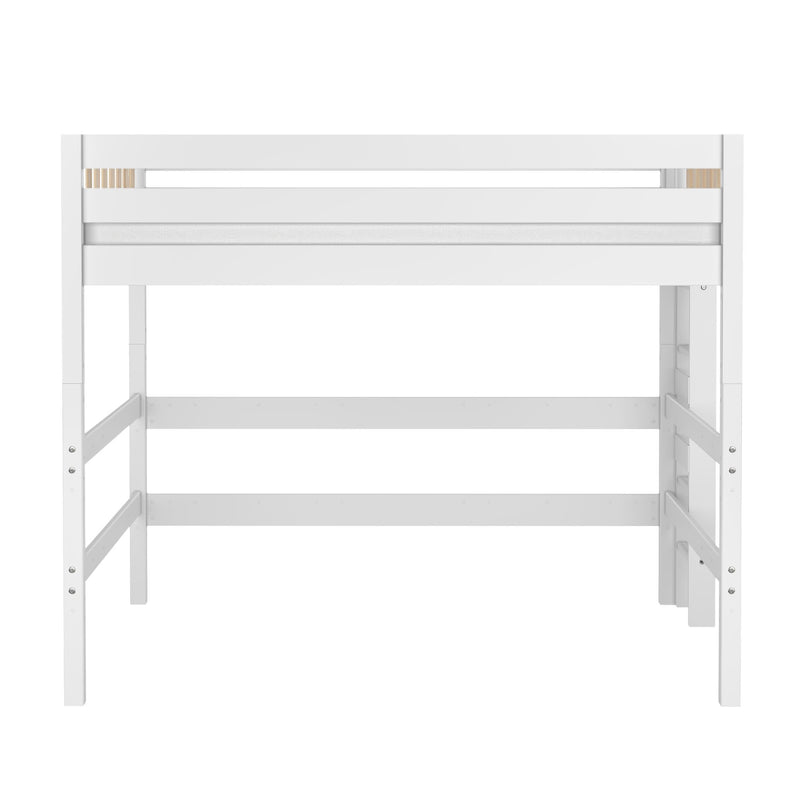 White wooden twin loft bed frame with guardrails and ladder, open under-bed space for desk or storage — space-saving kids bedroom furniture