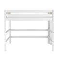 White wooden twin loft bed frame with guardrails and ladder, open under-bed space for desk or storage — space-saving kids bedroom furniture