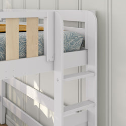 White wooden bunk bed ladder and guardrail with blue leaf-patterned bedding and mustard throw in a modern kids bedroom