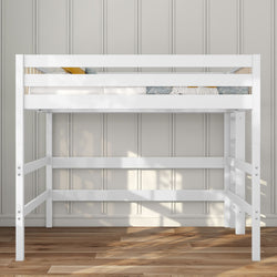 White wooden loft bed with guardrail and ladder over open workspace, modern kids' bedroom furniture on hardwood floor