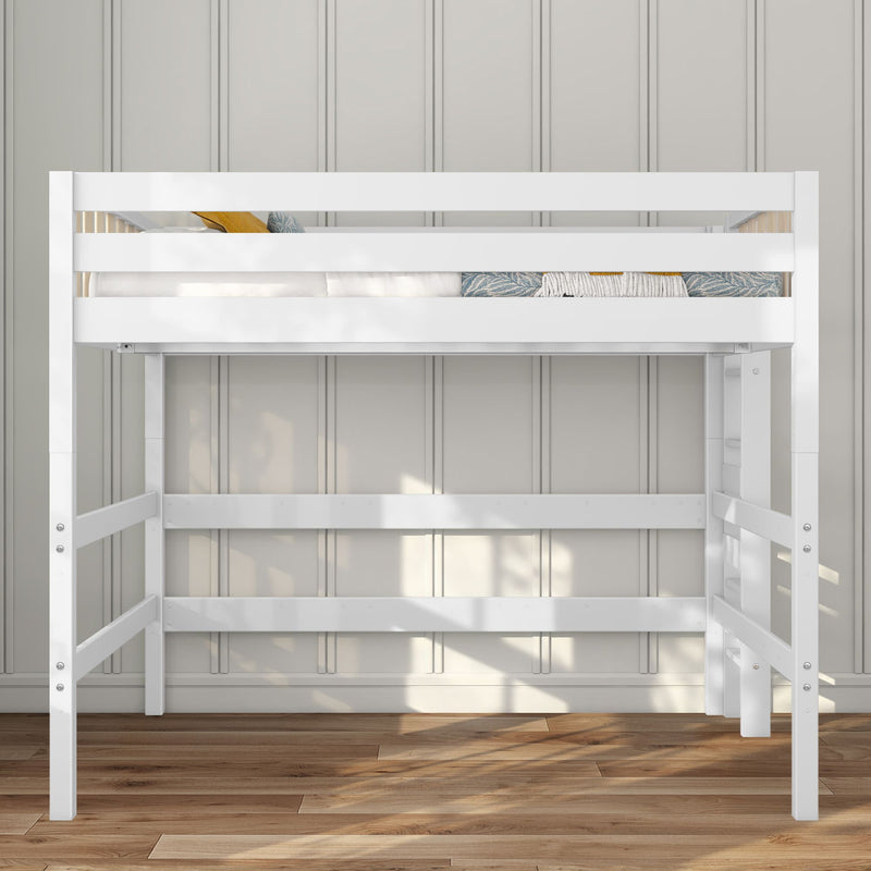 White wooden loft bed with guardrail and ladder over open workspace, modern kids' bedroom furniture on hardwood floor