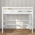 White wooden loft bed with guardrail and ladder over open workspace, modern kids' bedroom furniture on hardwood floor