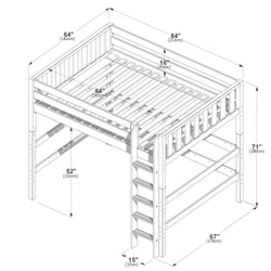 Isometric diagram of a wooden loft bed frame with side ladder, safety guardrails and slatted mattress support showing dimensions 84 in × 64 in × 71 in (213 × 162 × 180 cm) and 52 in (132 cm) under-bed clearance