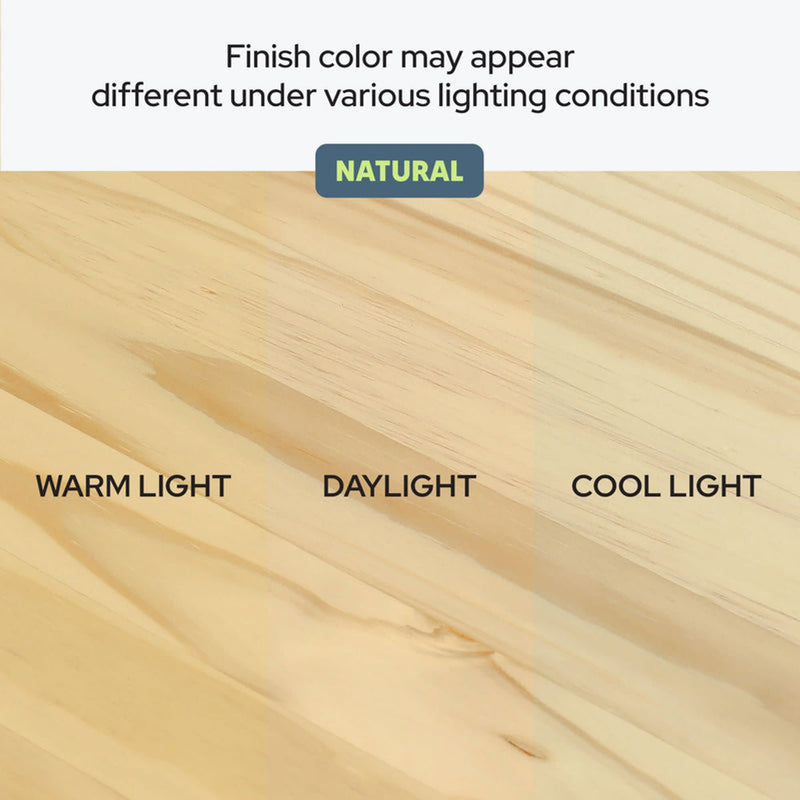 Natural pine wood finish sample showing color variation under warm light, daylight, and cool light