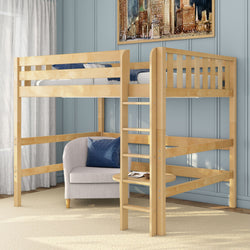 Natural wood twin loft bed with ladder in blue paneled kids' bedroom, space-saving design over armchair and side table.