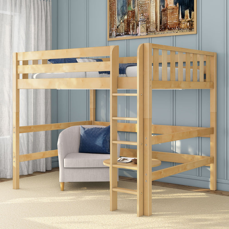 Natural wood twin loft bed with ladder in blue paneled kids' bedroom, space-saving design over armchair and side table.
