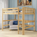 Natural wood twin loft bed with ladder in blue paneled kids' bedroom, space-saving design over armchair and side table.