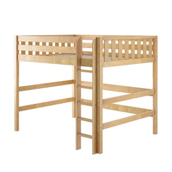 Light natural wood loft bed frame with ladder and slatted guardrails, a space-saving high sleeper bed ideal for kids' rooms and small spaces
