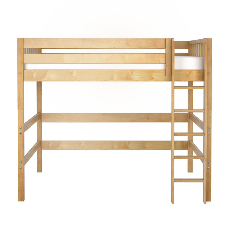 Natural pine twin loft bed with ladder and safety rails, space-saving raised wooden bed frame for kids' room or studio apartment