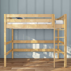 Solid natural wood loft bed with ladder and twin mattress against light blue paneled wall in a sunlit modern bedroom