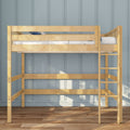 Solid natural wood loft bed with ladder and twin mattress against light blue paneled wall in a sunlit modern bedroom