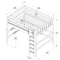 Assembly diagram of a wooden loft bed frame with guardrails and integrated ladder, showing dimensions in inches and centimeters (overall 84" x 64" x 71" / 213 × 162 × 180 cm, 52" / 132 cm under-bed clearance, 15" / 37 cm ladder depth)