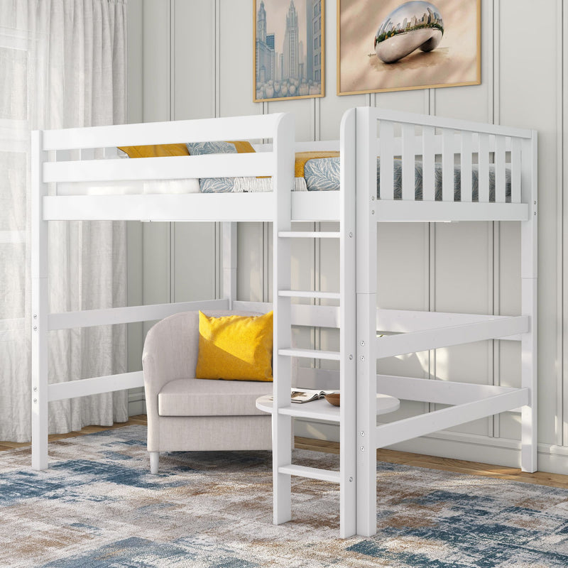 White wooden twin loft bed with ladder over cozy reading nook featuring a gray armchair and yellow pillow in a modern space-saving kids' bedroom