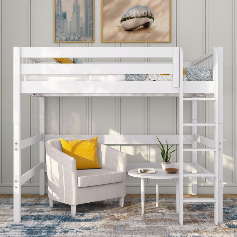 White loft bed with ladder over a cozy seating nook, beige armchair with yellow pillow, round side table and plant — modern small-space bedroom furniture