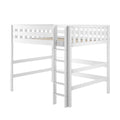 White wooden loft bed with ladder and safety rails, slatted mattress support — space-saving elevated twin bed for kids' rooms or study area