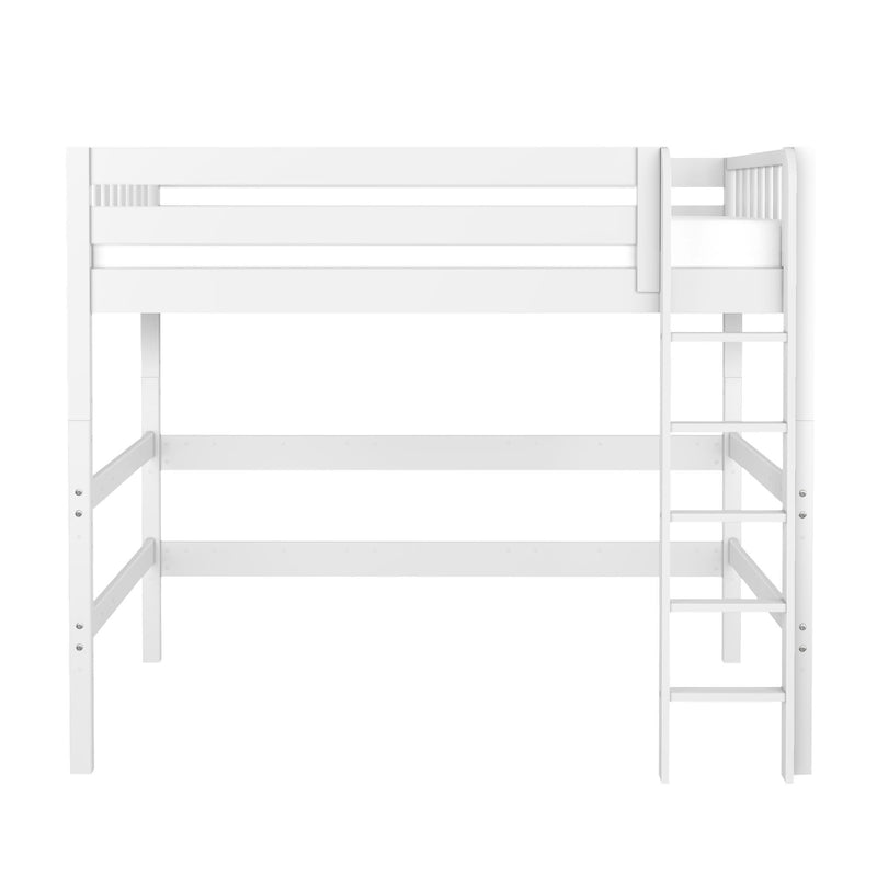 White wooden loft bed with integrated ladder and safety rails, elevated twin-size bed frame for kids' bedroom, space-saving modern design