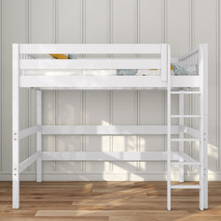 White wooden loft bed with ladder and safety rails — modern space-saving kids single loft bed in bright bedroom with hardwood floor