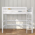 White wooden loft bed with ladder and safety rails — modern space-saving kids single loft bed in bright bedroom with hardwood floor