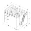 Wooden loft bed with slatted mattress platform, guardrails and built-in staircase with storage drawers — isometric diagram with annotated dimensions 104 in x 64 in x 71 in (265 x 162 x 180 cm).