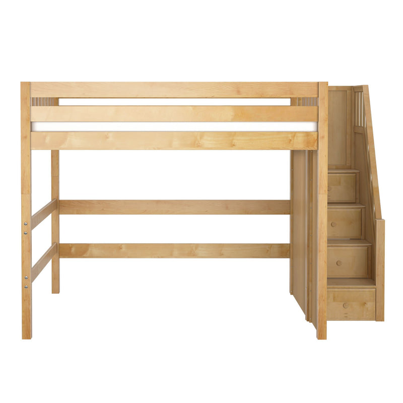 Space-saving wooden loft bed with built-in staircase and drawer storage, natural maple finish, ideal for bedrooms and small spaces