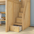 Light wood loft bed staircase with integrated pull-out storage drawers for space-saving kids bedroom storage solution