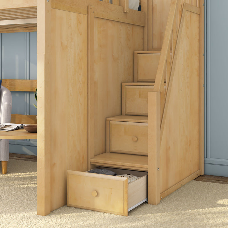 Light wood loft bed staircase with integrated pull-out storage drawers for space-saving kids bedroom storage solution