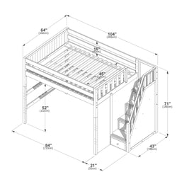 Isometric line drawing of a wooden loft bed with built-in staircase and under-stair storage drawers, slatted mattress platform and guardrails, annotated dimensions 104 in (265 cm) × 84 in (213 cm) × 71 in (180 cm) for space planning