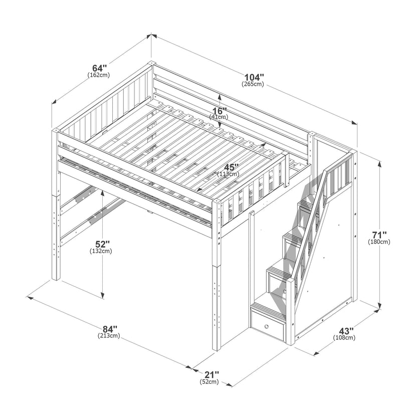 Isometric line drawing of a wooden loft bed with built-in staircase and under-stair storage drawers, slatted mattress platform and guardrails, annotated dimensions 104 in (265 cm) × 84 in (213 cm) × 71 in (180 cm) for space planning