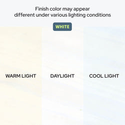 White finish color comparison under different lighting conditions: warm light (yellowish tint), daylight (neutral white), and cool light (bluish tint).