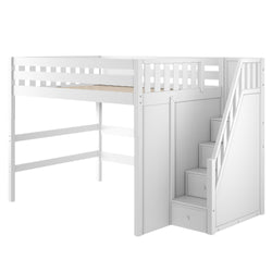 White wooden loft bed with staircase and built-in storage drawers, space-saving twin loft bed for kids' bedroom