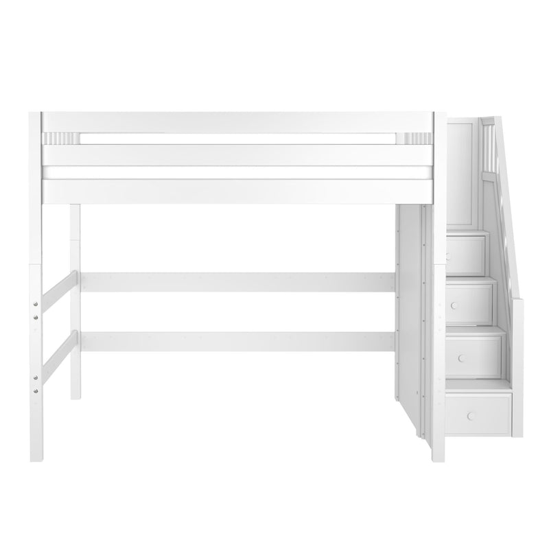 White wooden loft bed with built-in staircase storage drawers, space-saving kids' twin loft bed for small bedrooms