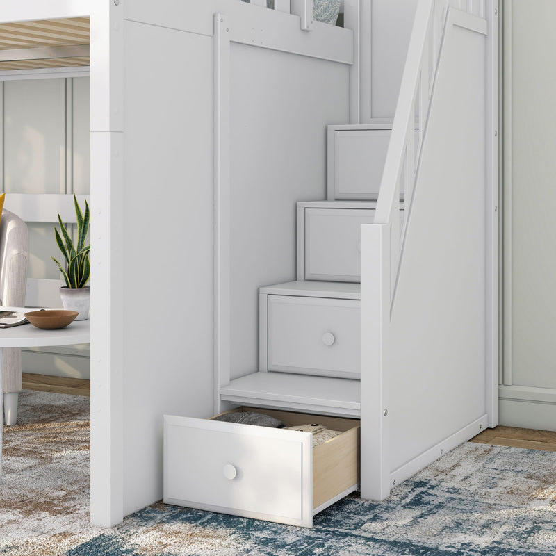 White wooden loft bed with built-in staircase drawers and an open under-stair storage drawer in a modern kids bedroom, space-saving bunk bed design