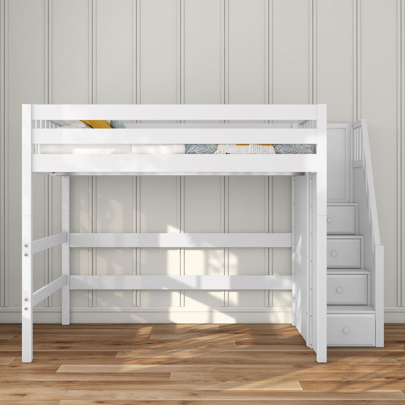 White wooden loft bed with built-in staircase and storage drawers against a white paneled wall on hardwood floors in a modern kids' bedroom