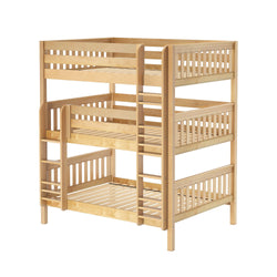 Triple solid wood bunk bed with side ladder and safety rails in natural finish, space-saving three-tier kids' bedroom solution with slatted mattress support
