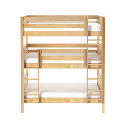 Solid wood triple bunk bed in natural maple finish with three twin mattresses, integrated ladders and guardrails — space-saving kids bedroom furniture