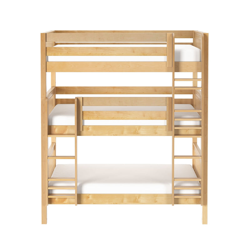 Solid wood triple bunk bed in natural maple finish with three twin mattresses, integrated ladders and guardrails — space-saving kids bedroom furniture