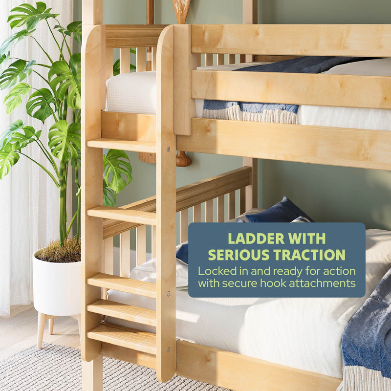 Wooden bunk bed ladder with wide non-slip rungs and secure hook attachments on a natural finish bunk bed in a modern kids' bedroom