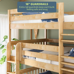 Triple bunk bed in light natural wood with 16-inch extra-tall guardrails, integrated ladder and blue-white bedding in a kids' bedroom