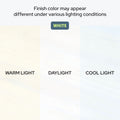 White finish color comparison showing swatches under warm light, daylight, and cool light to illustrate how finish color may appear different under various lighting conditions