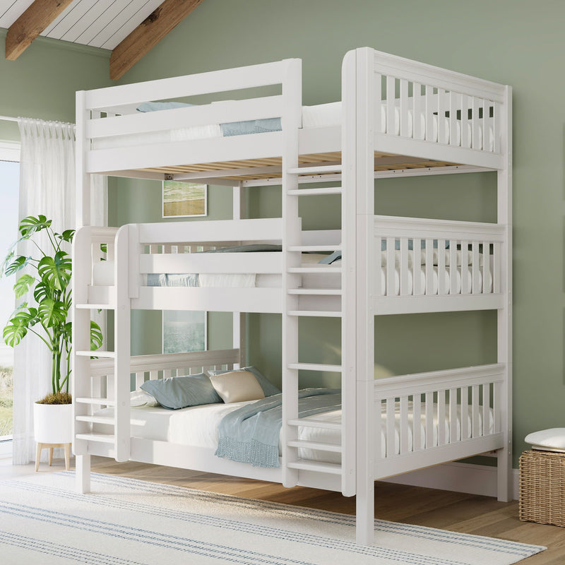 White wooden triple bunk bed with ladder in a bright modern kids' bedroom — space-saving children's bunk bed, coastal farmhouse style furniture with green walls and natural light