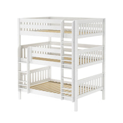 White triple three-tier wooden bunk bed with built-in ladders and slatted mattress supports, space-saving design ideal for kids' bedrooms
