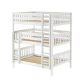 White triple three-tier wooden bunk bed with built-in ladders and slatted mattress supports, space-saving design ideal for kids' bedrooms