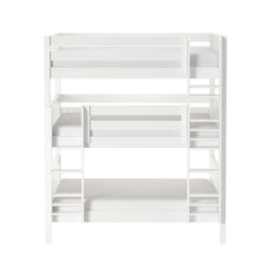White three-tier wooden bunk bed with integrated ladders and safety rails — space-saving triple bunk for kids' bedroom