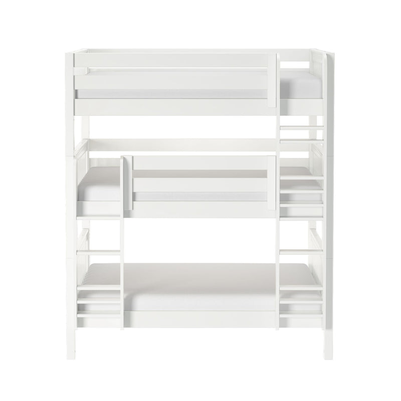 White three-tier wooden bunk bed with integrated ladders and safety rails — space-saving triple bunk for kids' bedroom