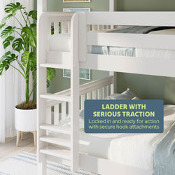 White wooden bunk bed ladder with wide anti-slip steps and secure hook attachments in modern kids' bedroom with green wall and potted plant