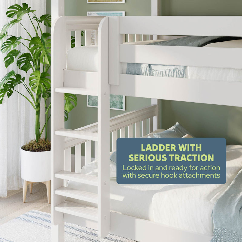 White wooden bunk bed ladder with wide anti-slip steps and secure hook attachments in modern kids' bedroom with green wall and potted plant