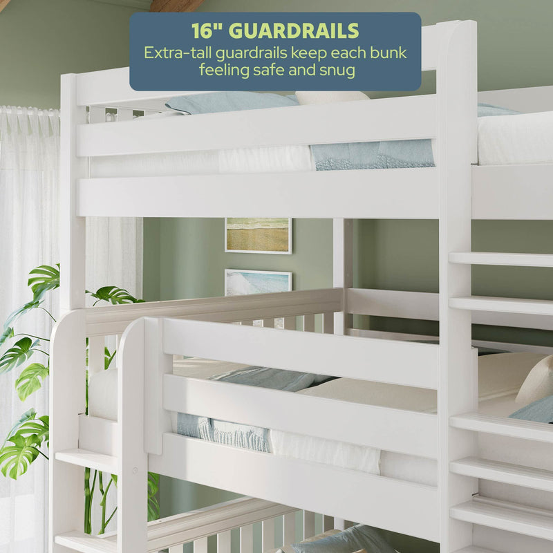 White solid-wood triple bunk bed with ladder and 16-inch extra-tall guardrails in a green kids' bedroom, modern farmhouse style, cozy bedding and safety rails