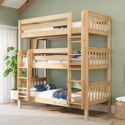 Natural wood triple bunk bed (twin-over-twin) with ladder and guardrails in modern kids' bedroom with blue bedding and potted plant