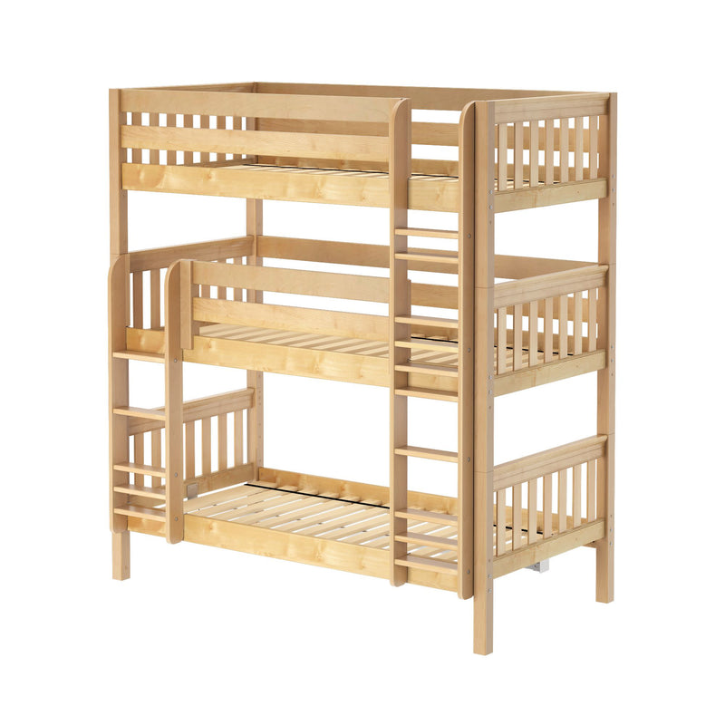 Natural light wood triple bunk bed with integrated ladders and slatted frames — sturdy space-saving solid wood kids' bedroom furniture that sleeps three